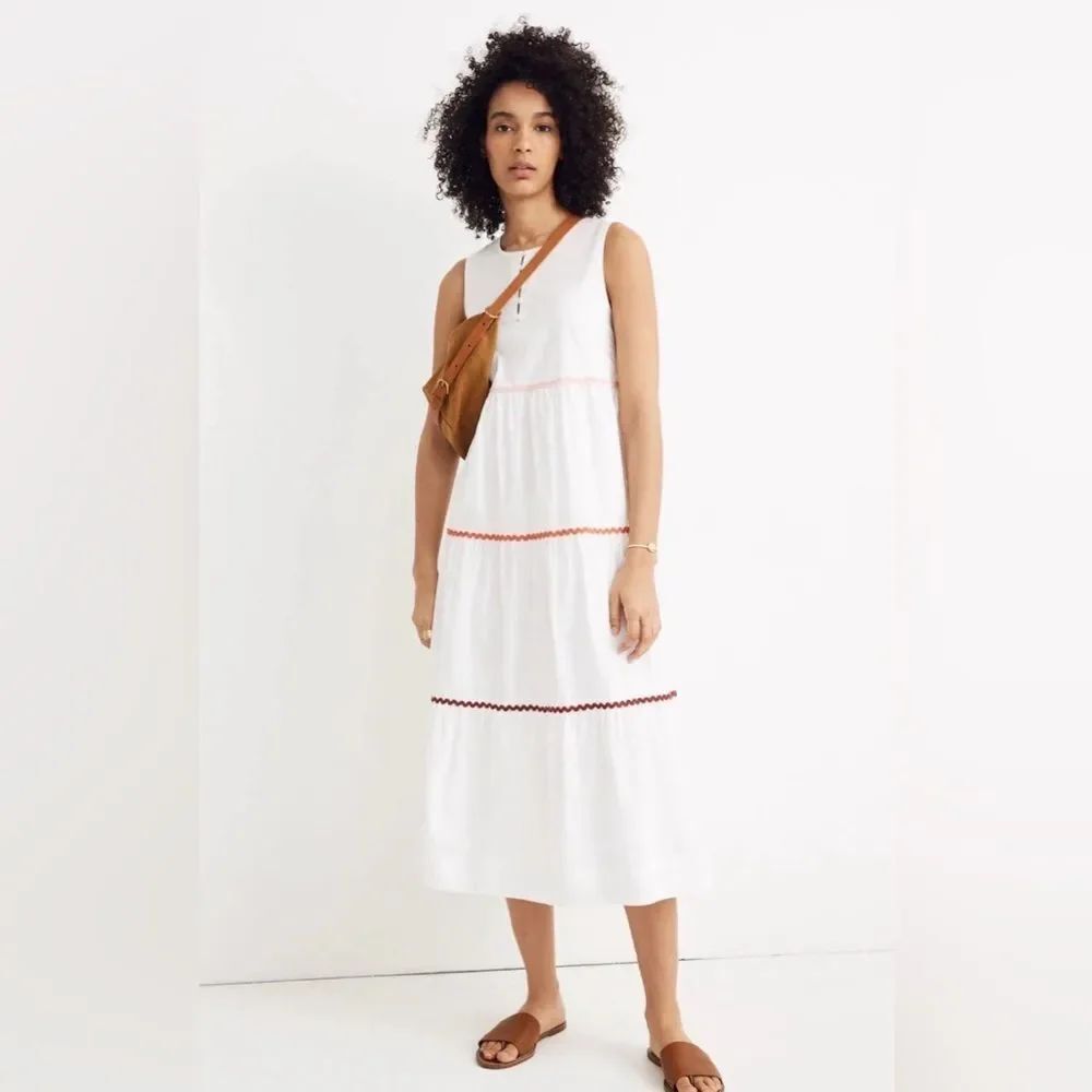 Madewell Rickrack Cattail Tiered Dress White Small